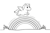 A pony with tiny wings flying over a rainbow – Ponies coloring page