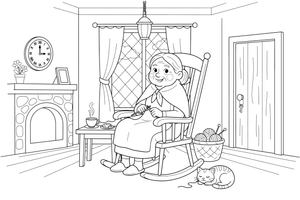 A kind grandma in a shawl sitting in her rocking chair – Little Red Riding Hood Story coloring page