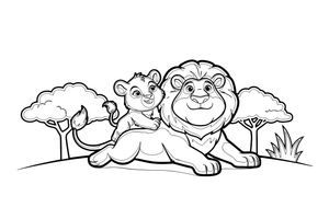 A lion cub climbing on its dad – Lion Majesty coloring page