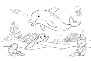 A dolphin swimming with a sea turtle – Playful Dolphin Creature coloring page