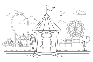 A little ticket booth with a striped roof – Thrilling Amusement Park coloring page