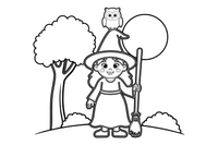 A witch with a little owl on her hat – Witch coloring page