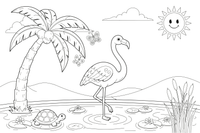 A flamingo under a palm tree – Flamingo Pond coloring page