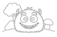 One big fuzzy monster face up close, huge round eyes and a happy grin – Monsters coloring page