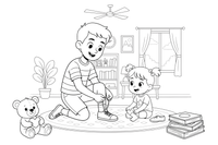 An older brother helping a younger sibling – Happy Family Moments coloring page