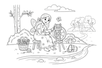 A fairy woman with a spinning wheel near a stream – Lietuviškos pasakos coloring page