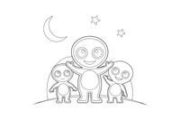 An alien family: one big alien and two little baby aliens – Friendly Alien coloring page