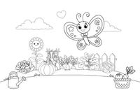 Butterfly flying above a vegetable garden – Butterfly In Floral Scenes coloring page