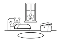 A child's bedroom with a bed, a toy box and a window – Around the House Object coloring page