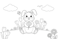 A bunny sitting among spring flowers – Playful Bunny Pet coloring page