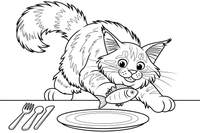 Maine Coon sneaking a fish off the dinner plate – Maine Coon Cat Mischief coloring page