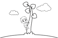 A boy climbing a giant beanstalk into the clouds – Fairytale Stories coloring page