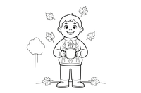 A child in a warm sweater holding a mug of cocoa, leaves falling around – Autumn Time Autumn Leaves coloring page