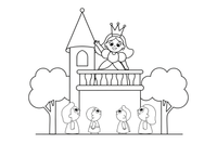 A queen waving from a balcony to the crowd below – Enchanted Magic Folk Fairytale Characters coloring page