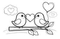 Two lovebirds sitting on a branch with a heart between them – Valentine's Day coloring page