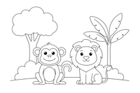 A monkey next to a lion (friendly jungle scene) – Monkey coloring page