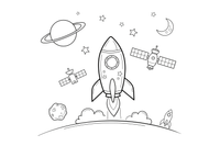 A space scene with a space station, a satellite and a rocket – Space Tech Spaceship coloring page