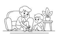 An older brother helping a younger sibling – Happy Family Moments coloring page