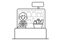 A cashier scanning items at the checkout – Cozy Grocery Store coloring page