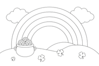 A big rainbow arching over green hills with a pot of gold at the end – St. Patrick's Day coloring page