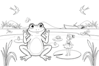 A friendly frog looking at the tiny girl on a lily pad – Thumbelina Story coloring page