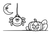 A spider hanging near a smiling pumpkin – Spiders coloring page
