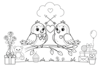 Two lovebirds sitting on a branch with a heart between them – Valentine's Day coloring page