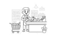 A cashier scanning items at the checkout – Cozy Grocery Store coloring page