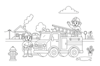 A fire truck and firefighters at the scene – Emergency Emergency Vehicles coloring page