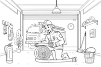 A firefighter rolling up a hose – Fire Station coloring page