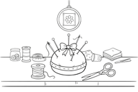 A pincushion with several pins and needles stuck in it – Sewing & crafts Object coloring page