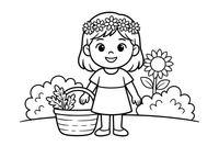 A girl wearing a flower wreath of daisies and cornflowers on her head – Herb Day coloring page