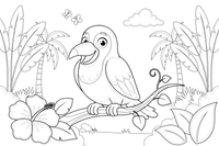 A toucan by tropical flowers – Toucan coloring page