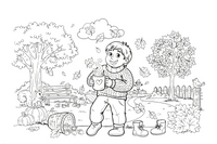 A child in a warm sweater holding a mug of cocoa, leaves falling around – Autumn Time Autumn Leaves coloring page