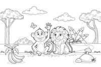 A monkey next to a lion (friendly jungle scene) – Monkey coloring page
