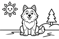 Husky sitting on a frozen lake – Husky Dog Playtime coloring page