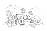 A packet of seeds and a small pot – Classic Garden Tools coloring page