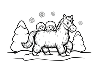 A costumed horse made of straw with people underneath, walking in the snow – Pancake Day Winter Treat coloring page