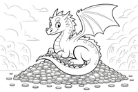 Dragon curled up on a pile of gold coins – Dragon Magical Dragon Soaring coloring page
