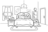 A child's bedroom with a bed, a toy box and a window – Around the House Object coloring page