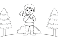 A friendly woodcutter with an axe over his shoulder – Little Red Riding Hood Story coloring page