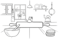 A rolling pin with a bit of dough – Cozy Kitchen Cooking coloring page