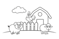 A cheerful farmyard with a rooster on the fence, a pig and a sheep nearby – Playful Farm Animal coloring page