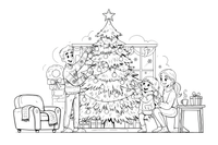 A family decorating the Christmas tree together, hanging baubles – Christmas Winter Festivities coloring page