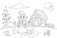 The witch offering the children a plate of treats – Hansel and Gretel Story coloring page