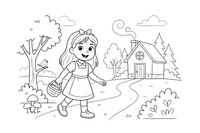 Goldilocks walking through the forest toward a little cottage – Goldilocks and the Three Bears Story coloring page