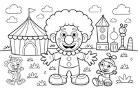 A clown with a big round nose and a curly wig – Colorful Circus Tent coloring page