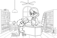 A whole library scene with tall shelves, tables, a reading child and a librarian – Cozy Library Place coloring page