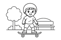 A cute kid on a skateboard wearing a helmet – Cool Skateboarding coloring page