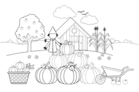 A pile of pumpkins stacked by the garden shed – Autumn Harvest coloring page